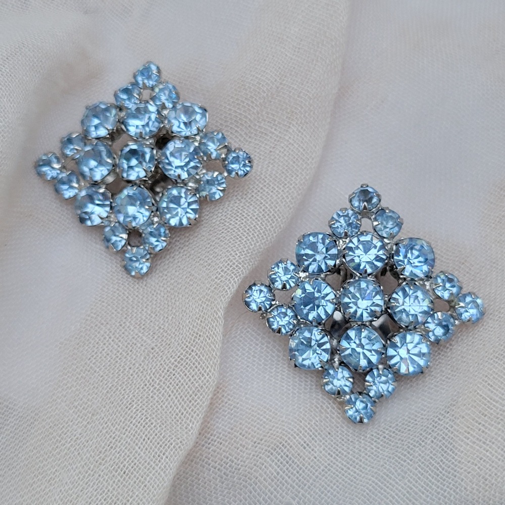 Vintage 1960s Sky Blue Rhinestone Clip-On Earrings MCM Statement